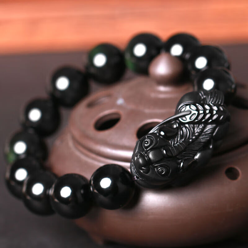 锦鼎天然黑曜石貔貅手链男 女款皮丘手串五钱貔貅礼物 12mm