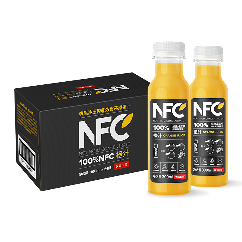 农夫山泉 NFC橙汁果汁饮料 100%鲜果冷压榨 橙子冷压榨 300ml*24瓶 整箱装