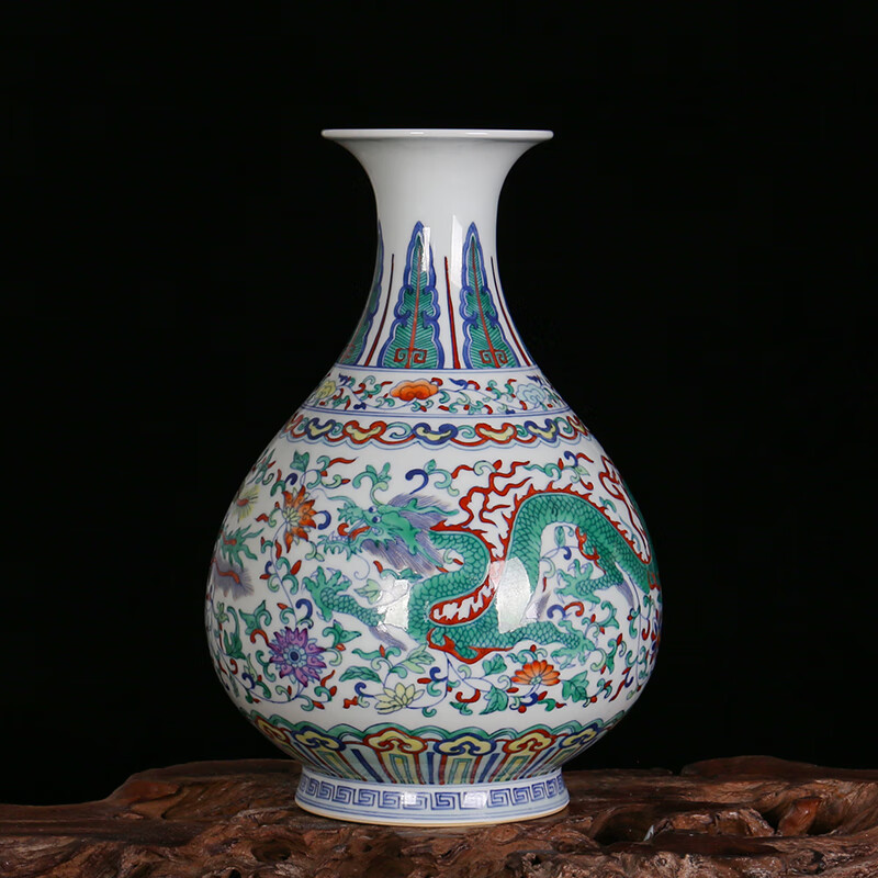 周胜堂 景德镇陶瓷仿古手绘斗彩龙凤呈祥玉壶春瓶花瓶 中式客厅玄关