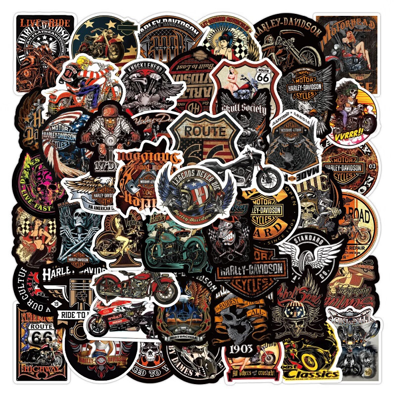 工马50张复古摩托车贴纸欧美个性涂鸦吉他滑板头盔装饰贴画防水