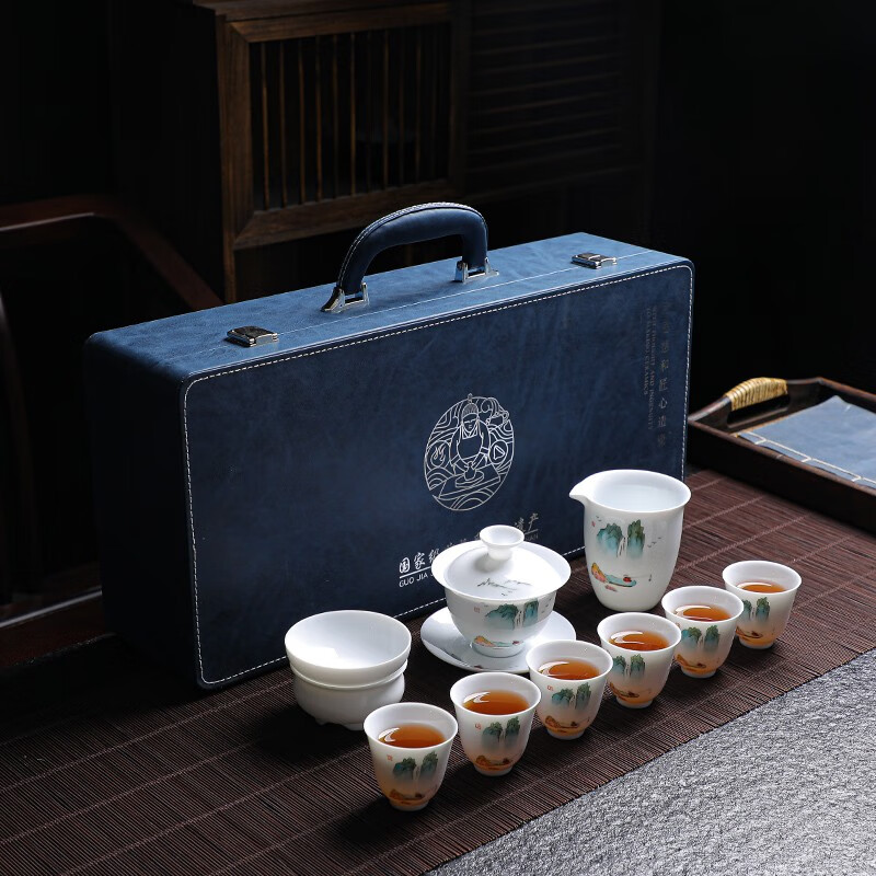 仙袋德化手绘国画高山流水高温羊脂玉瓷功夫茶具套装茶杯带茶漏整套