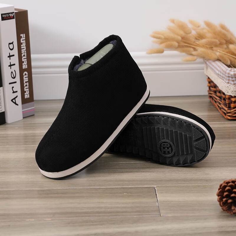 加厚手工棉拖鞋女居家室内防滑厚底保暖拖鞋男包跟中老年 黑色橡胶底