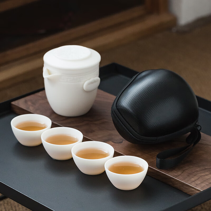 唐舍 如意祥云羊脂玉瓷陶瓷白瓷快客杯一壶四杯便携旅行茶具套装户外