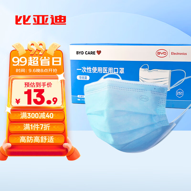 比亚迪(BYD) 一次性医用口罩夏季薄款轻薄透气防尘超薄细菌过滤大于99%蓝色25只独立包装