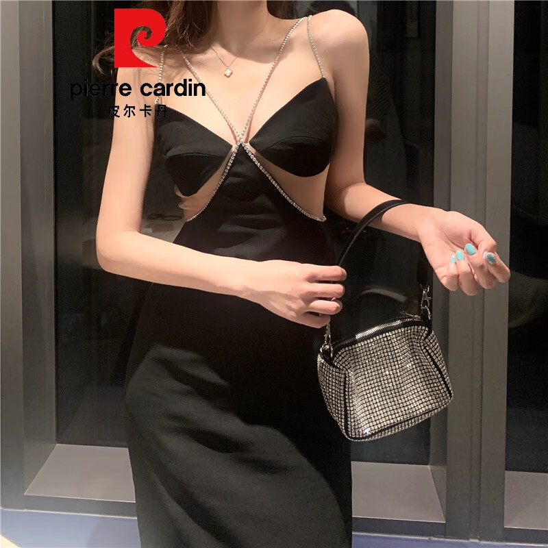 皮尔卡丹（pierre cardin）轻奢高档女装黑色性感露背镶钻吊带连衣裙女感礼服裙轻奢小众宴会 黑色 S