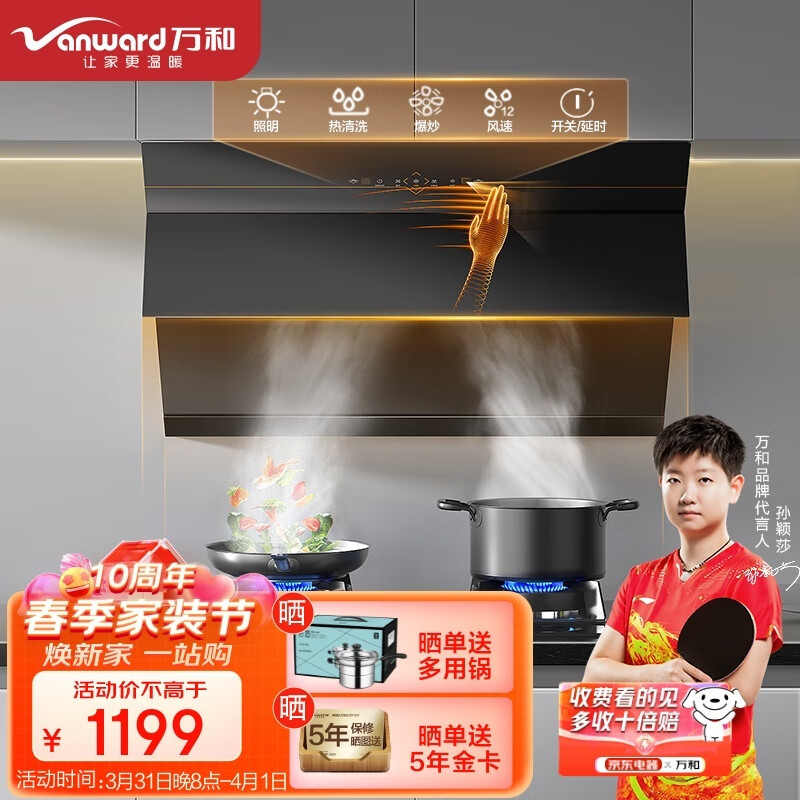 万和（Vanward）抽油烟机 侧吸式单烟机 21m³/min大吸力 家用免拆洗吸油烟机 挥手智控 自动清洗 DJ738