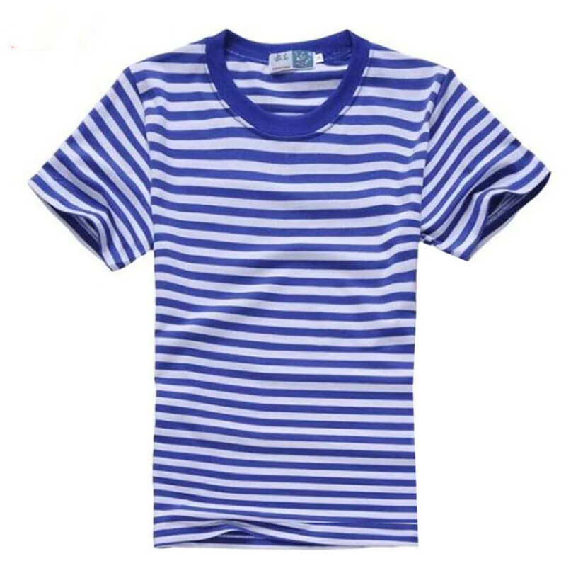 囝君佳【新品】海魂衫蓝白条短袖t恤儿童表演服装幼儿园班服印logo 蓝