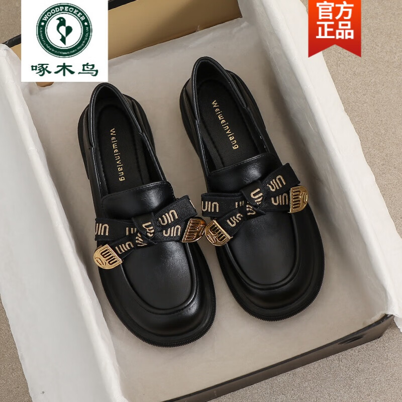 啄木鸟断码特价真皮厚底乐福鞋女2026粗跟蝴蝶结一脚蹬单鞋软底小皮鞋女 黑色 37 京东折扣/优惠券