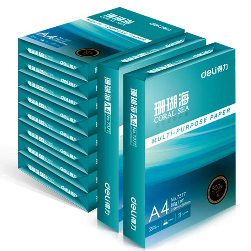 得力（deli）珊瑚海A4打印纸 80g500张*10包一箱 双面使用 加厚复印纸 整箱5000张7430【销冠系列】