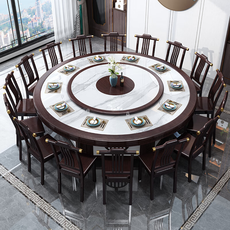 龙遥鹿酒店电动餐桌大圆桌带转盘新中式实木椅16人20人饭店酒店包厢