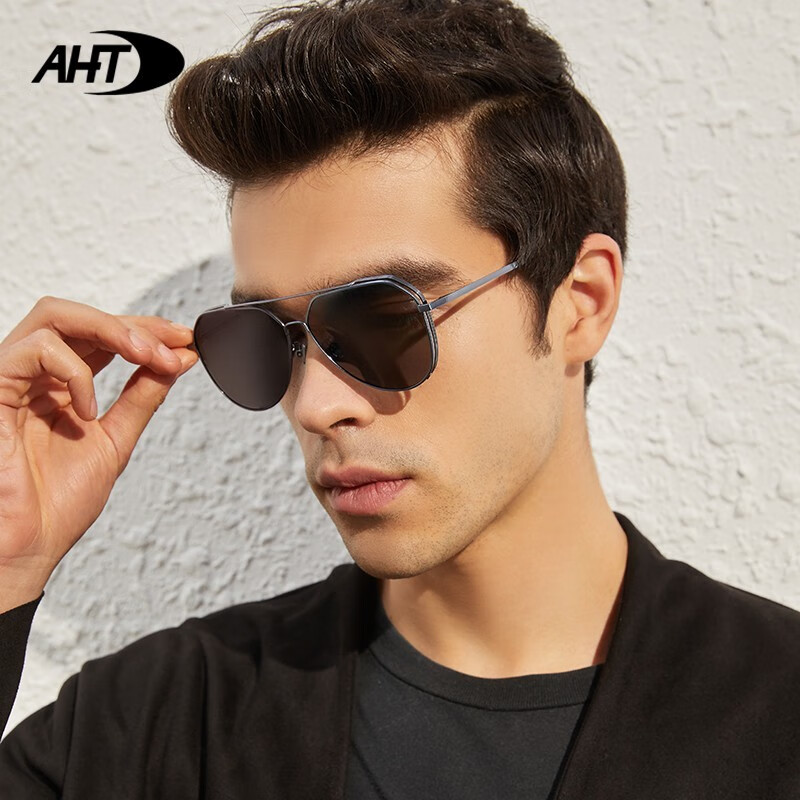 AHT男士墨镜偏光太阳镜飞行员眼镜司机驾驶镜可配近视太阳镜 黑框灰片1.67近视800度内