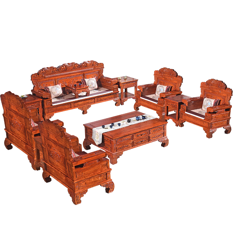 木中央 红木家具 非洲花梨 学名:刺猬紫檀沙发 全实木沙发 新中式沙发 大客厅家具套装组合 招财沙发 11113沙发十一件套