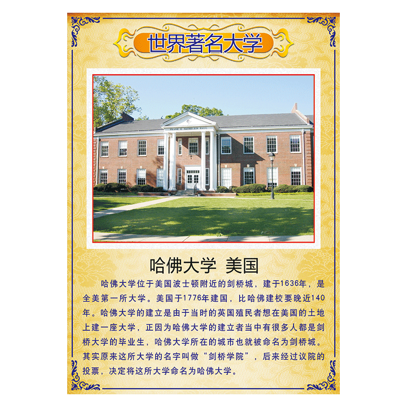 世界著名大学简介宣传画海报挂图展板招贴纸名校风采宣传栏墙贴纸覆膜