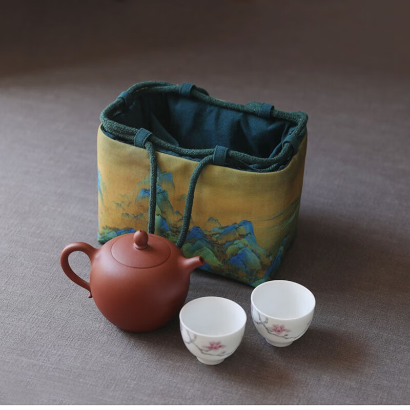 豐陶張生 中式棉麻布藝收納茶杯袋便攜式簡(jiǎn)易旅行布包茶具壺蓋碗保護(hù)袋 一壺二杯杯袋-千里江山(不含茶具)