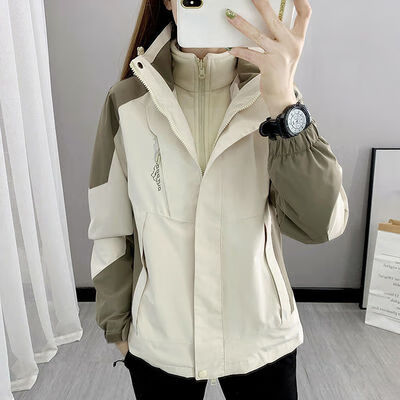 泰起冬季冲锋衣三合一外套春秋潮牌可拆卸防风户外旅游登山服团购订制LOGO幼儿园园服工作服 卡其色-1818(三合一)女 M