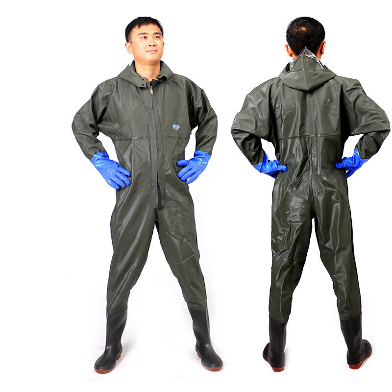 下水裤全身下水衣男连体裤防水服捞鱼服挖藕背带裤下水库加厚钓鱼服春夏季 军绿色全身裤85丝 手套版 42码