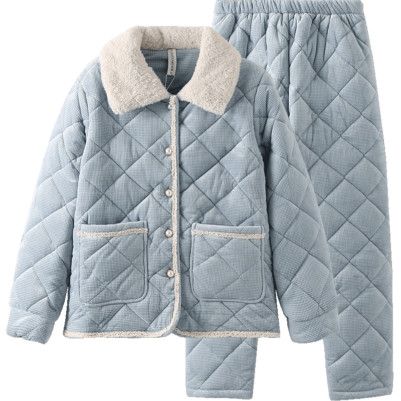 芬騰秋冬季睡衣女士珊瑚絨夾棉三層加厚保暖套裝棉襖法蘭絨家居服 J98250893芙蓉粉 S 建議：70-90斤