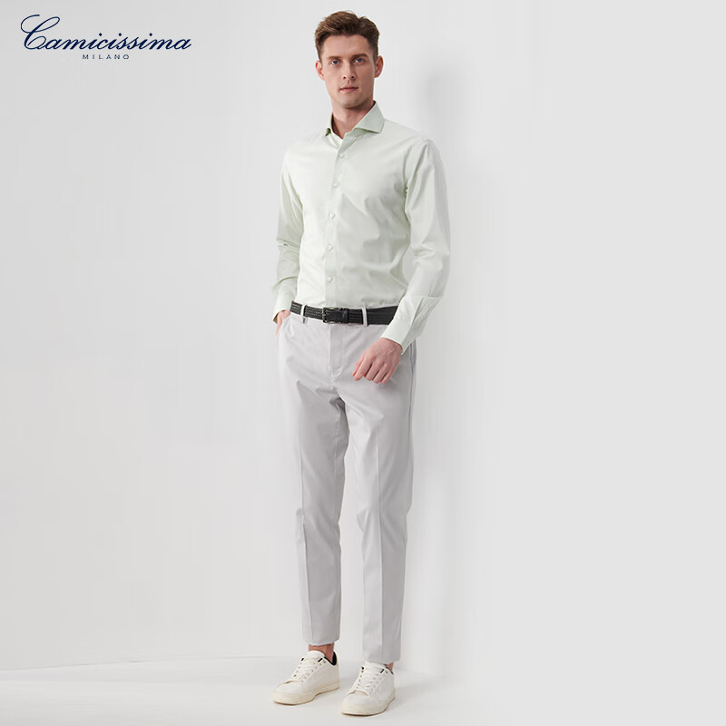 恺米切（CAMICISSIMA）【四季系列】男士免烫衬衫 浅绿色修身衬衣男 浅绿 40