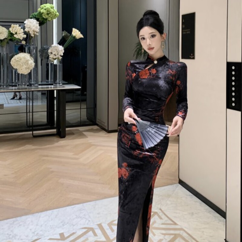 晚礼服性感开叉长袖年轻款金丝绒改良版新中式旗袍连衣裙 黑底红花 s