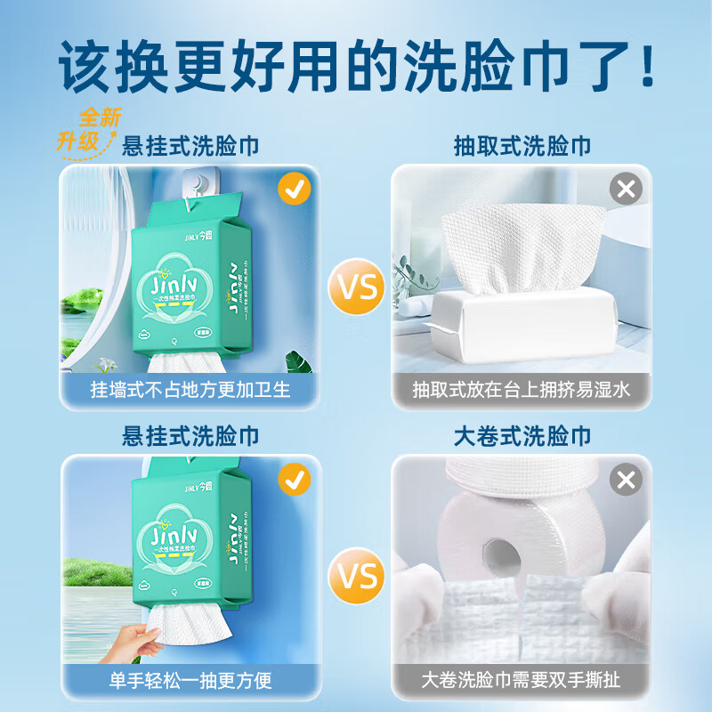 今闾壁挂式洗面巾一次性绵柔洗脸巾洁面巾擦脸巾珍珠纹面巾纸 常规款 100抽 壁挂式洗脸巾2袋