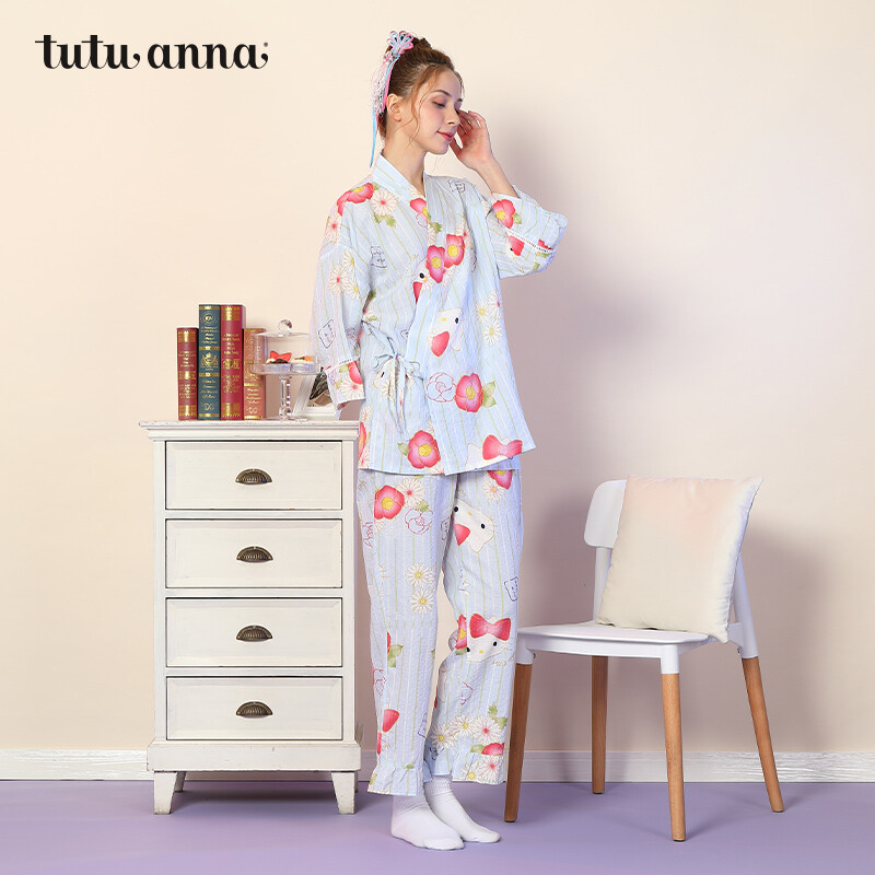tutuanna睡衣女满印日式和服上下套装家居服 蓝色171701-22 上衣160/84A 裤子160/70A