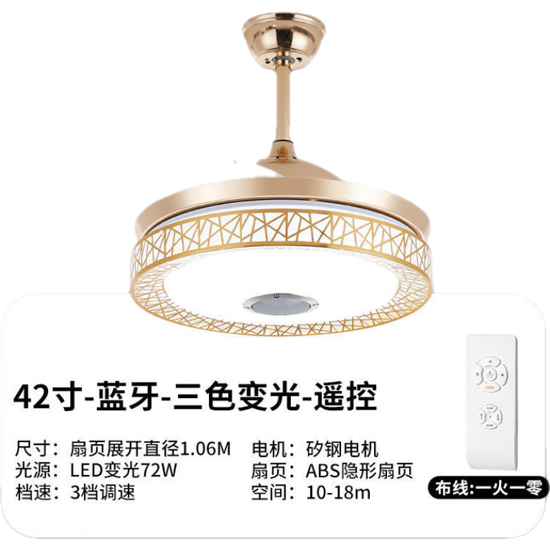 恒嵐廣東中山古鎮(zhèn)燈具燈扇一體帶風(fēng)扇的吊燈隱形吊扇燈臥室客廳餐廳電 金色鳥(niǎo)巢 藍(lán)牙音樂(lè)款 42寸+LED+遙控
