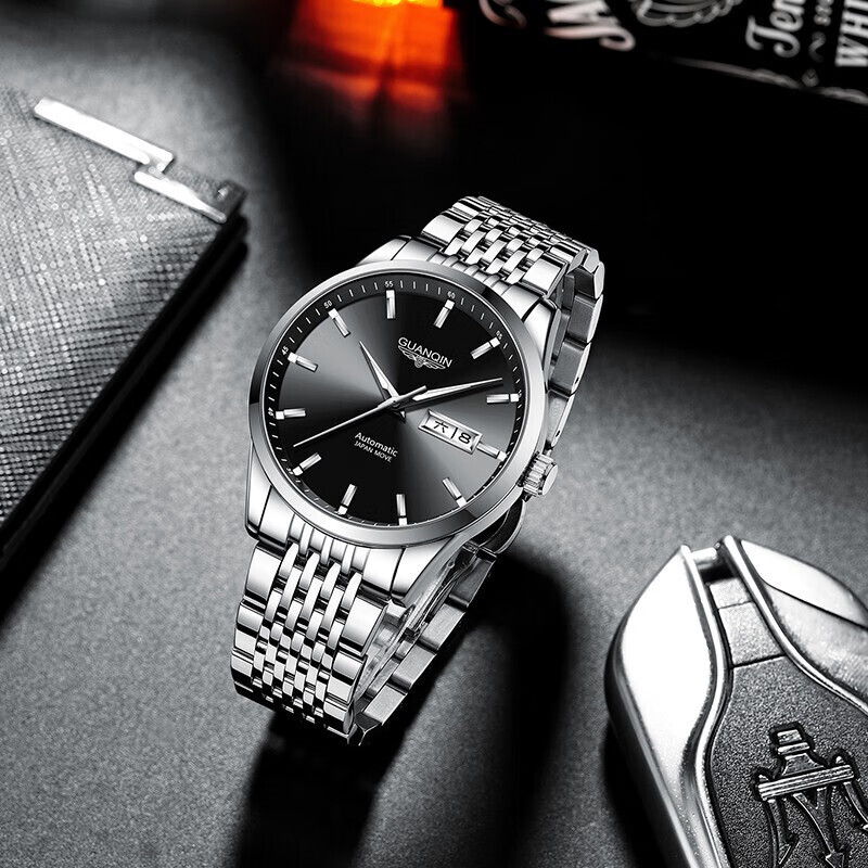 冠琴(GUANQIN)名表十大品牌手表男士商务全自动机械表男表夜光防水双日历男士表 进口西鉄城机芯16215精钢黑面