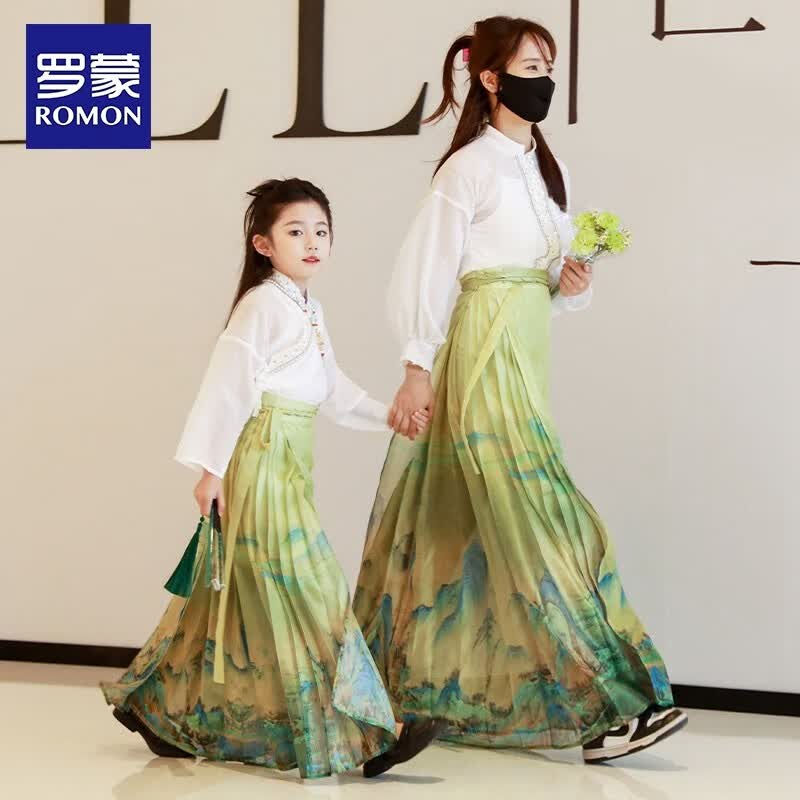 罗蒙马面裙汉服女童中秋国庆儿童套装古风古装2023新款国风半身裙 千里江山马面裙长款【单裙子】 130怎么看?