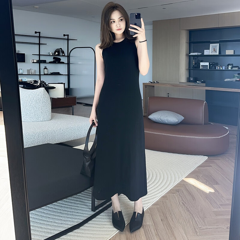 美洋（MEIYANG）赫本小黑裙 法式优雅云梯棉修身无袖弹力背心连衣裙时尚显瘦裙子 黑色 M