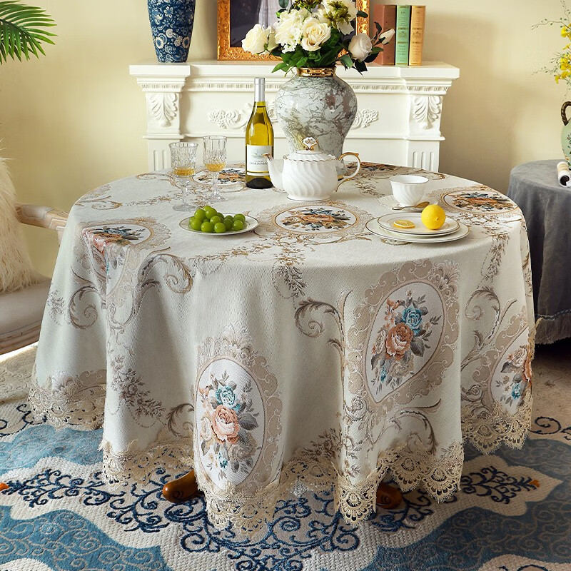乐唯仕欧式大圆桌桌布轻奢高级感圆形家用茶几布高端雪尼尔桌子餐桌台布 嘉宝丽-米(织绣款) 200cm直径圆桌布适合140圆桌