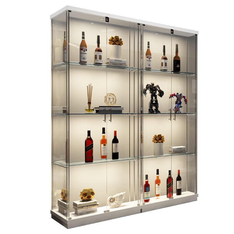 松品客厅双门玻璃酒柜靠墙红酒柜餐边柜现代简约轻奢透明小酒柜展示柜带锁带灯模型柜 长1.24米白色三门+射灯+门锁 双门