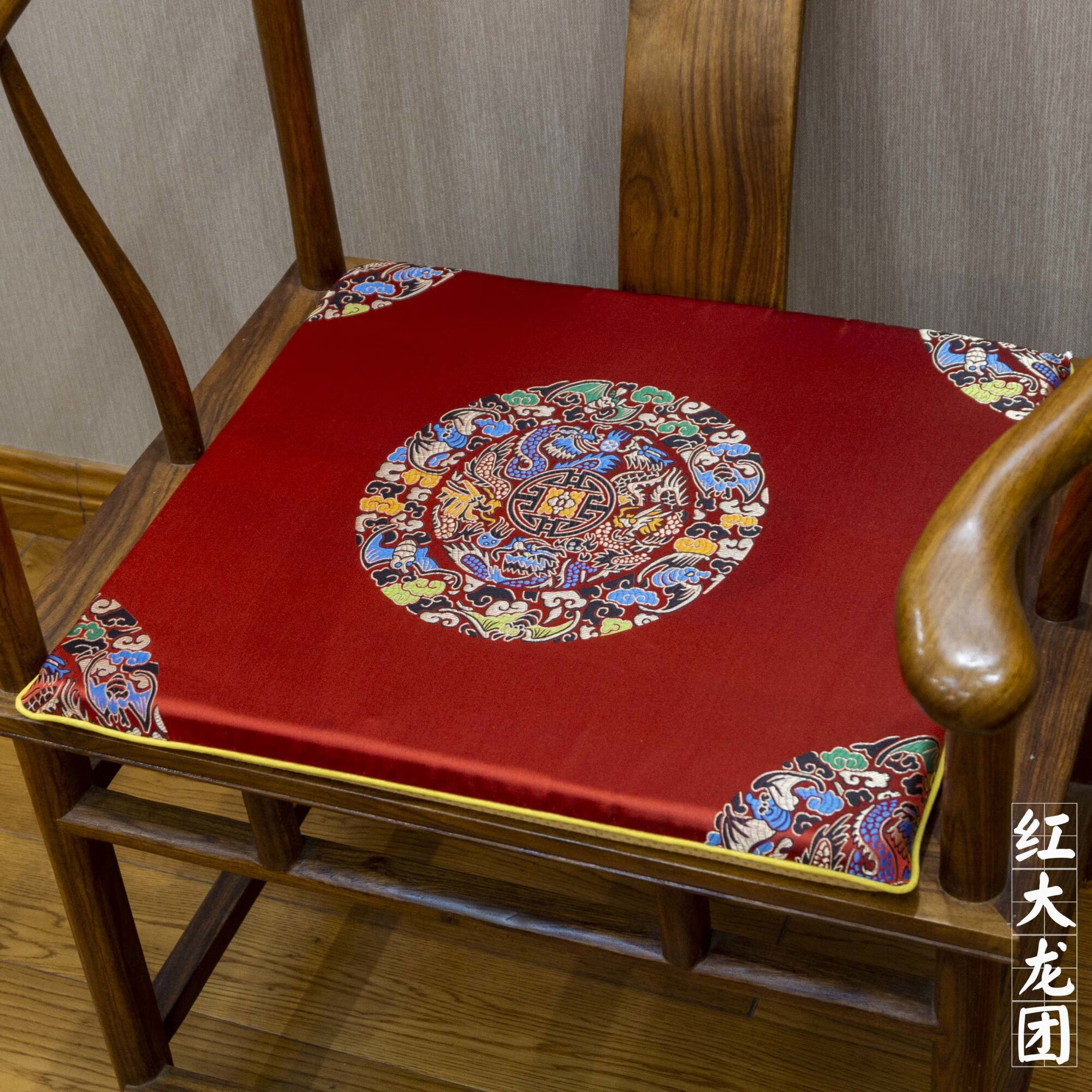 暮织纱中式椅子坐垫圈椅茶椅坐垫绑带防滑坐垫老式椅子坐垫 红大龙团
