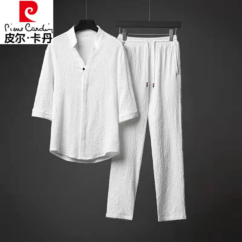 皮尔卡丹（pierre cardin）【一套装】常规休闲运动套装男夏季中国风高端领修身五分袖两件套 白色 【套装】 2XL 建议体重135-150斤