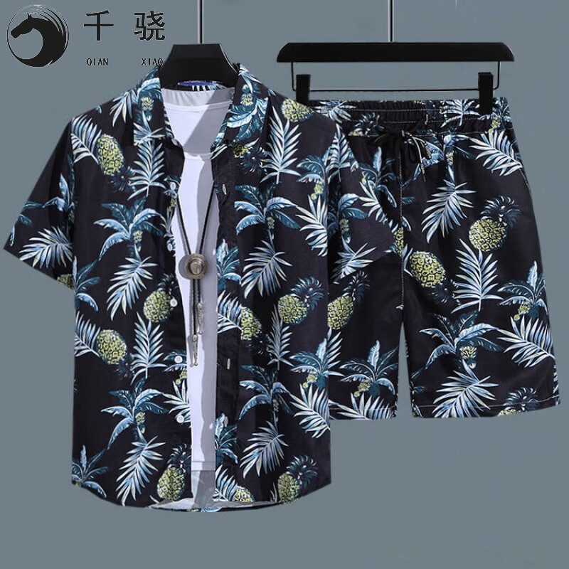千骁短袖花衫套装男冬威风沙滩服泰国海南三亚旅游情侣宽松休闲衫