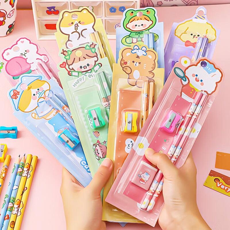 玩控 幼儿园小学生文具套装铅笔5件套 铅笔+卷笔刀＋橡皮+尺子 8套装