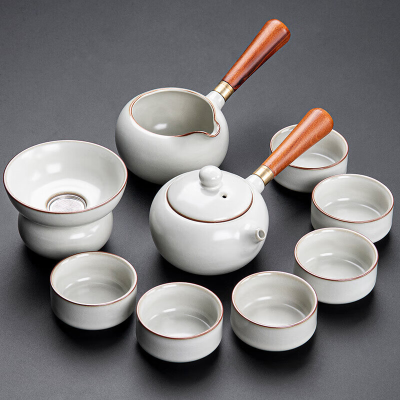 佰格丽 汝窑茶具茶盘套装家用客厅提梁壶中式陶瓷泡茶盖碗茶杯 侧把壶
