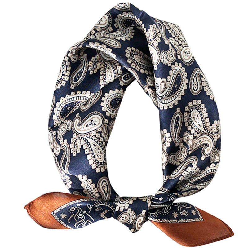 GLO-STORY真絲絲巾女  小方巾53cm領巾優(yōu)雅氣質款花桑蠶絲禮盒裝 藏青色