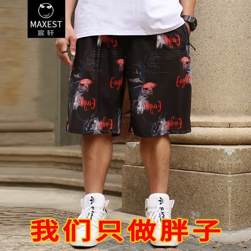 宸轩潮牌大码男装短裤男宽松加肥加大休闲中裤胖子速干老鹰印花五分裤 黑色 46码（250-270斤）怎么看?