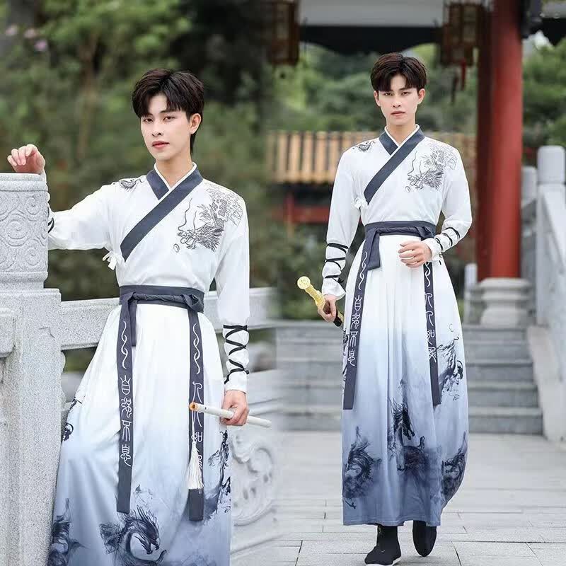 绘自然中国风成人汉服男女仙气情侣款古装侠客书生学生班服套装表演班服 墨龙+腰带+护腕 2XL高性价比高么？