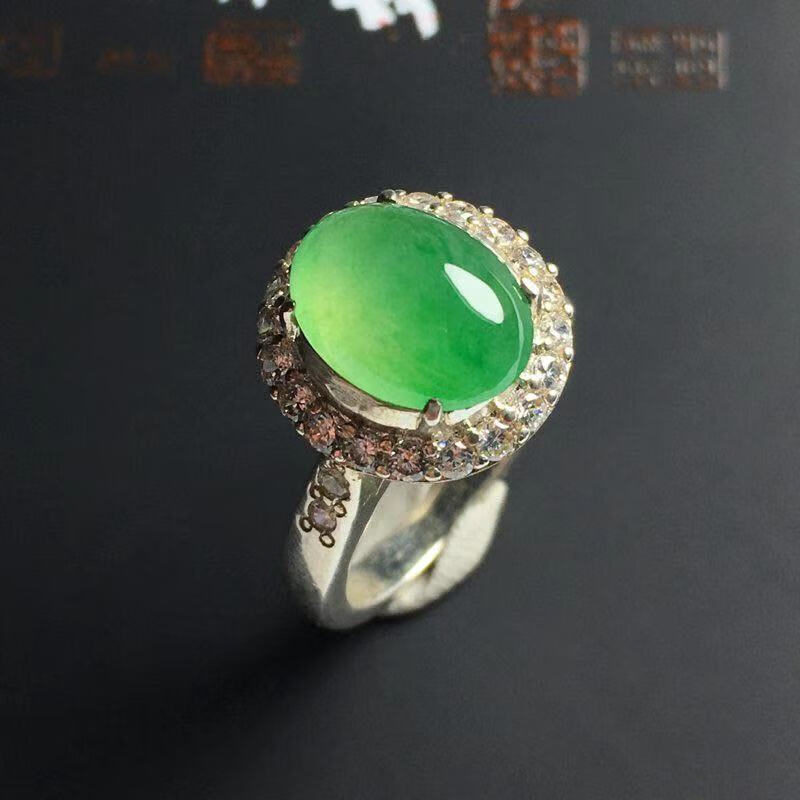 玉旺轩绿戒指翡翠冰种阳绿满色女缅甸蛋面裸石镶嵌 阳俏绿