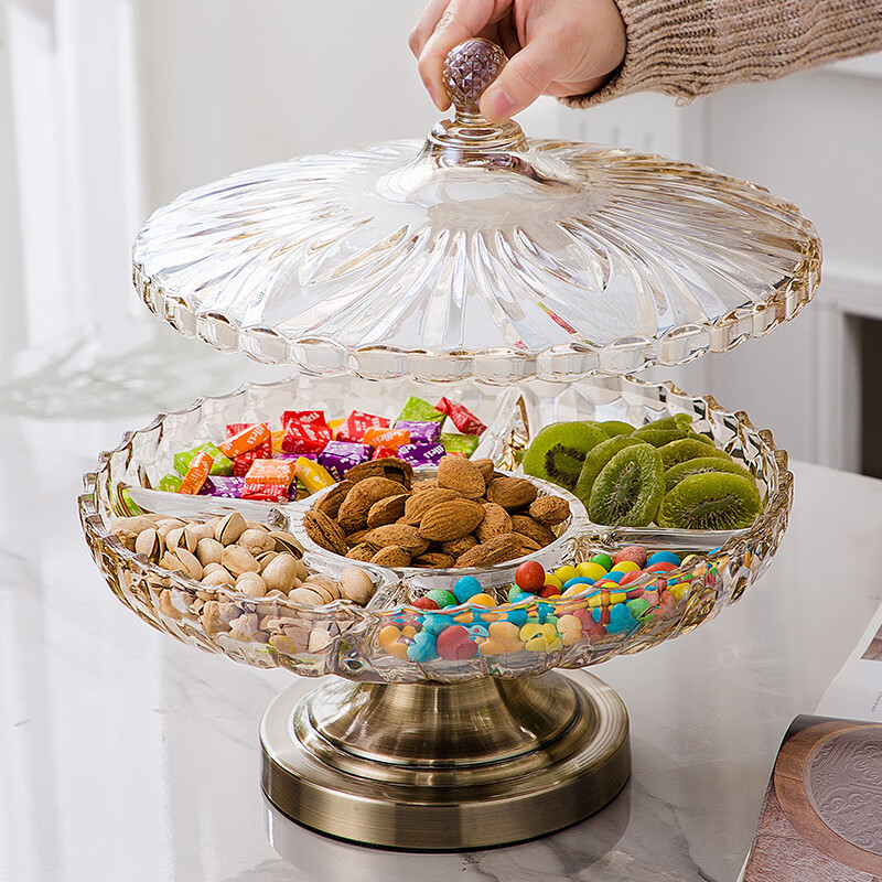 水晶玻璃干果盘欧式家用客厅茶几糖果盒分格带盖过年零食摆盘 干果盘