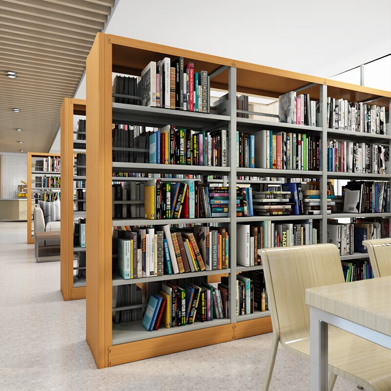 金经金属图书馆书架档案架钢制图书架书店展示架转印木纹色双面5层副