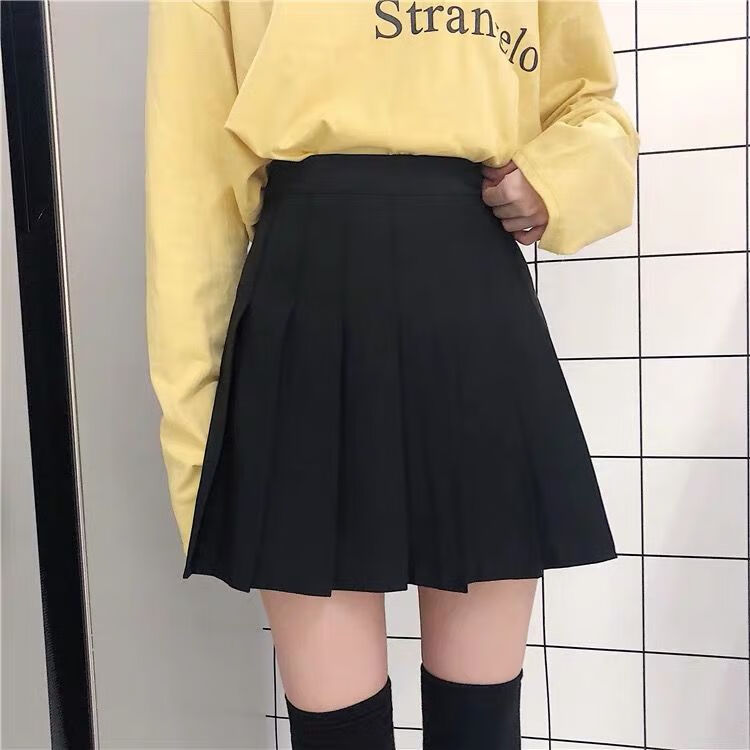此处美兮新款百褶裙女春夏短裙高腰显瘦a字半身裙学生裙子学院 幻夜黑
