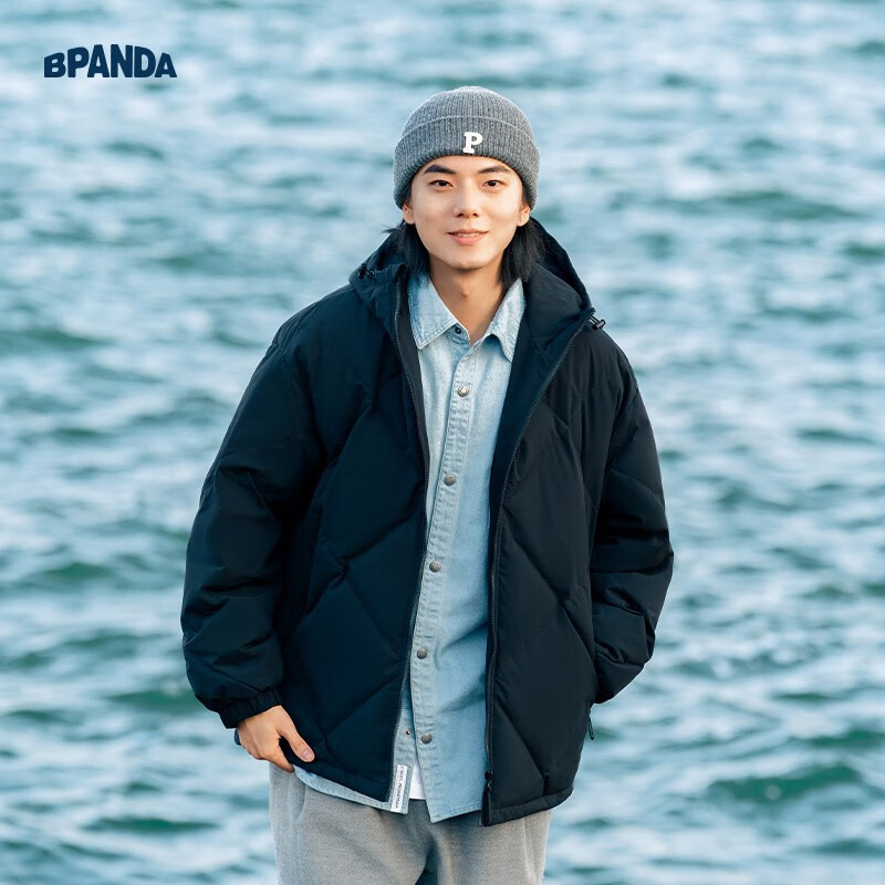 熊猫·本(ben.panda)连帽羽绒服男秋冬90%白鸭绒保暖面包服上衣多穿情侣外套 月夜黑 M