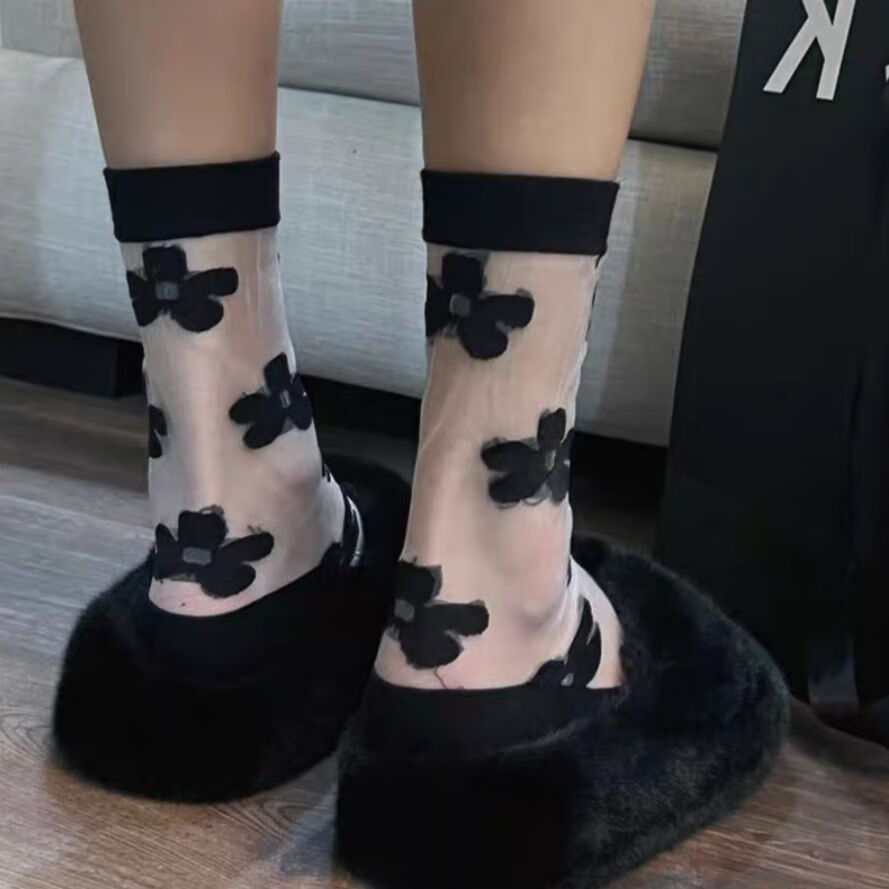 林狼玻璃丝袜子女花朵ins夏季薄款中筒日系卡丝小花透明学生网红 黑色