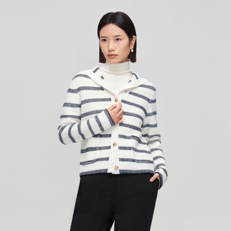 OVV秋冬热卖女装羊毛条纹法式浪漫海军领休闲长袖针织外套 藏青条纹A4 L