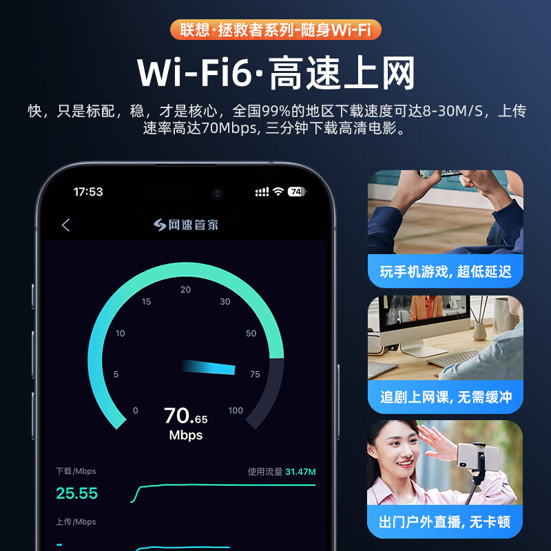 联想原装随身wifi支持5G/4G设备2024新款免插卡电信移动随行无限便携式笔记本电脑无线网卡上网宝全国 【拯救者系列】免插卡+移动电信双网自由切换-黑色 适用华为中兴苹果等5g设备