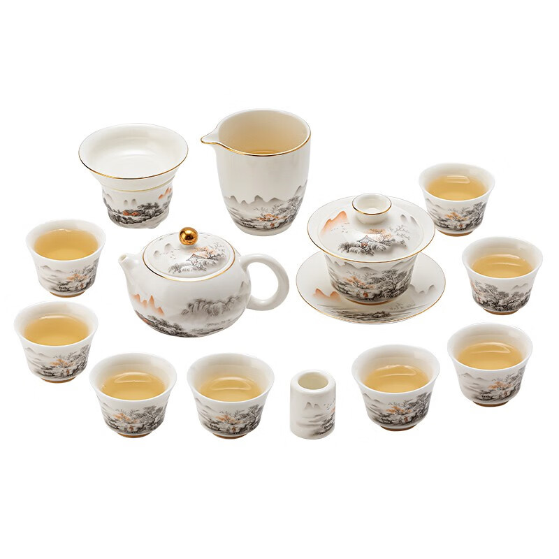 金镶玉 羊脂玉瓷功夫茶具套装 家用陶瓷白瓷茶壶茶杯泡茶套组礼盒装 西施壶水墨江山羊脂玉瓷套装