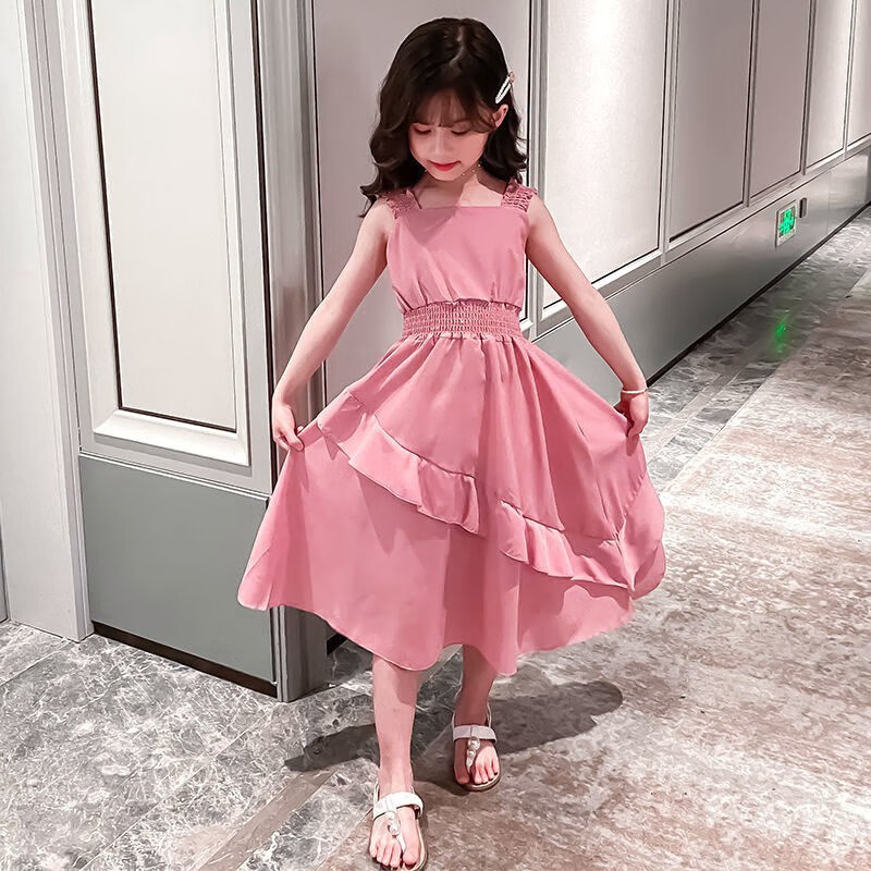 2024新款夏装儿童装网红洋气公主裙子大童女孩12岁 荷叶边背心裙-粉色