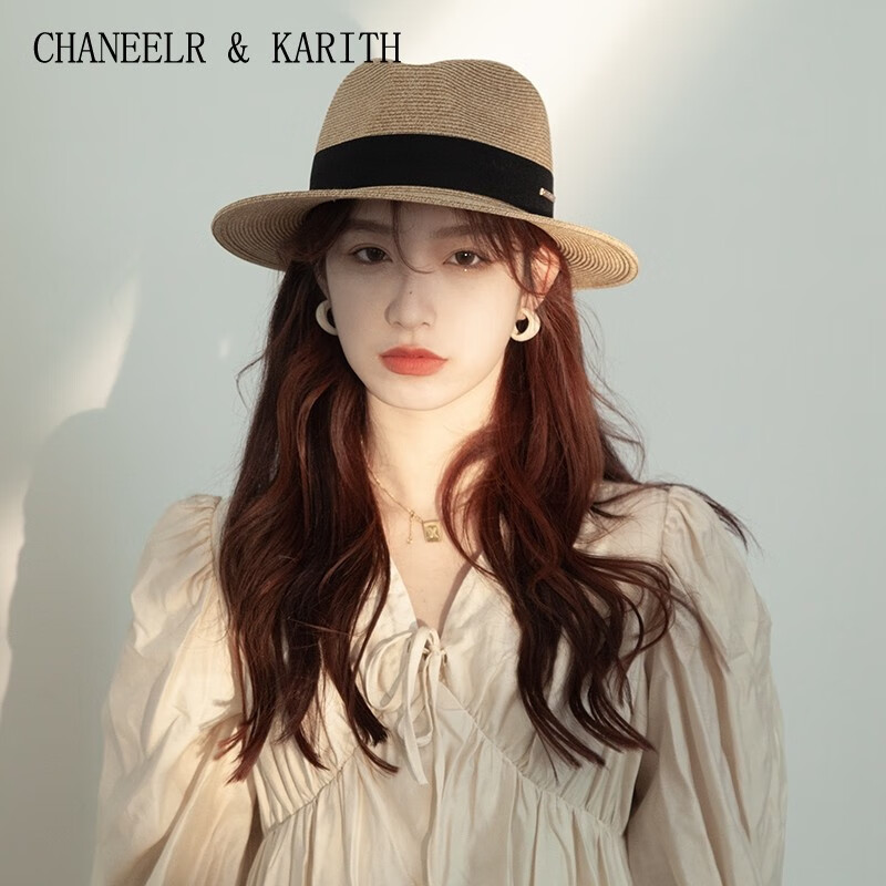 CHANEELR & KARITH防晒帽复古草编帽女夏季防紫外线度假草帽英伦礼帽海边沙滩遮阳帽 黑色 织带 M(55-58cm)